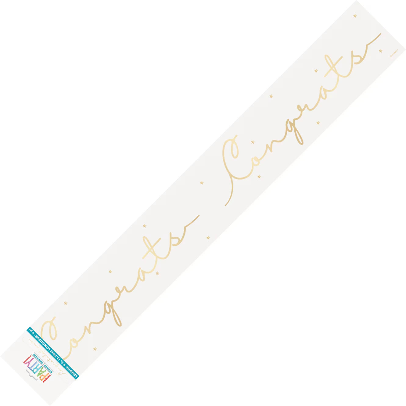 gold script lettering; white background; foil material; 9ft length;