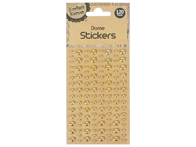 gold dome-shaped stickers; assorted small, medium, large sizes; matte brown cardboard backing; pack of 120 stickers; stickers arranged in grid pattern;