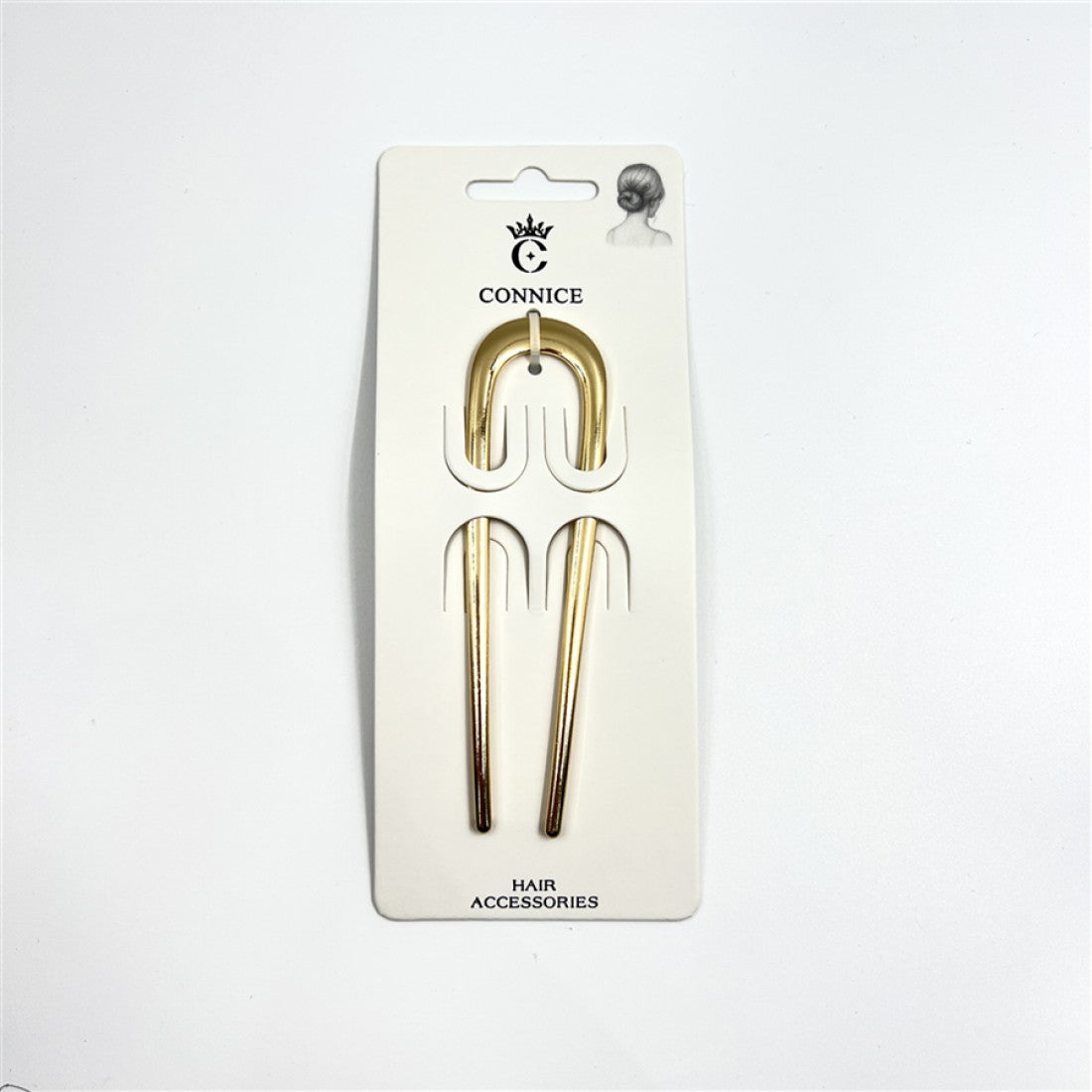 Gold-tone metal U-shaped hair pin; Double prong design; Glossy metallic finish; Mounted on white branded backing card;