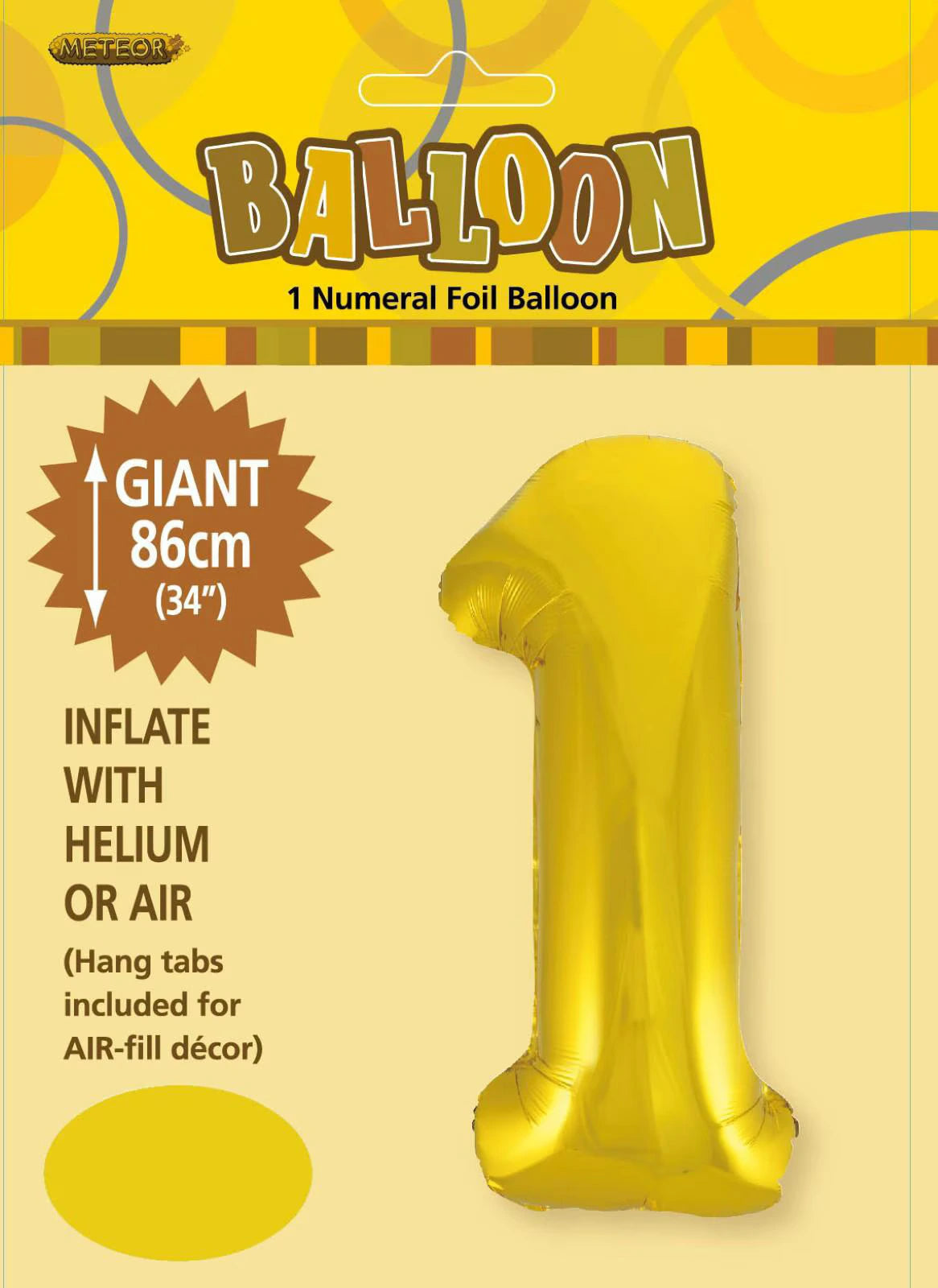 Gold colour; Number 1 shape; Foil material; 86cm (34 inch) size; Packaging shows hang tabs for air-fill;