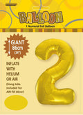 Gold colour; Number 2 shape; Foil material; Package shows 86cm size; Includes hang tabs;