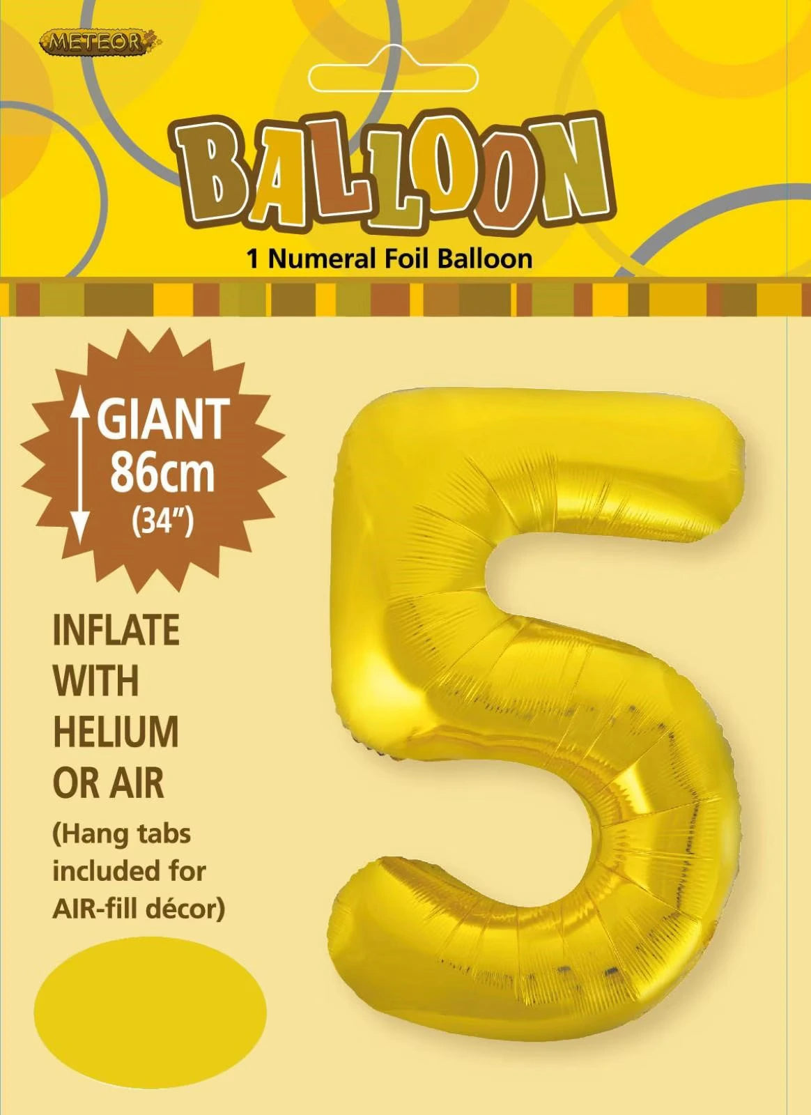 gold colour; number 5 shape; foil material; 34 inch (86cm) size; package label with yellow and brown colours;