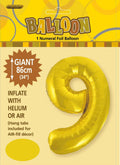gold colour; number 9 shape; foil material; 34 inch size; packaging with yellow background;