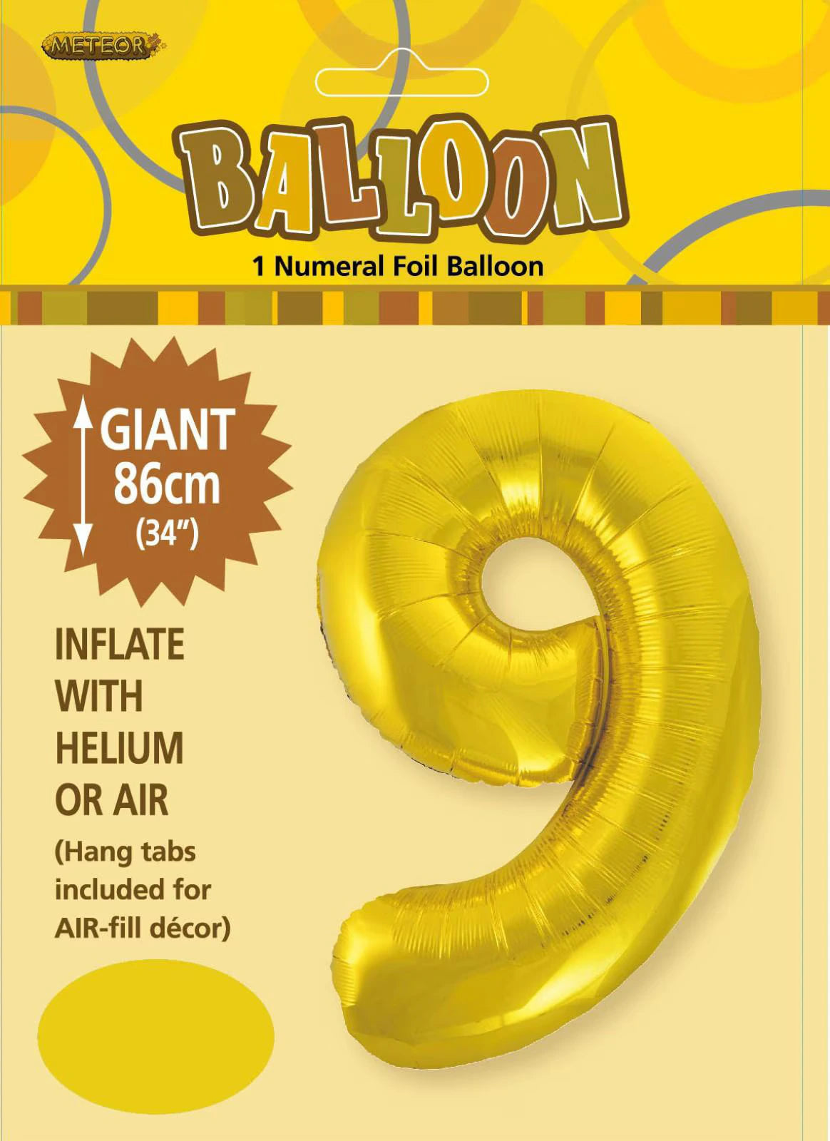 gold colour; number 9 shape; foil material; 34 inch size; packaging with yellow background;