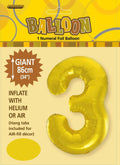 Gold metallic colour; Numeral 3 shape; Foil material; 34 inches (86cm) height; Packaging with yellow and brown design;