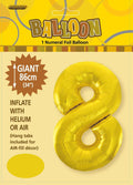 gold colour; number 8 shape; foil material; packaged with yellow header card; 86cm (34 inch) size indicated;