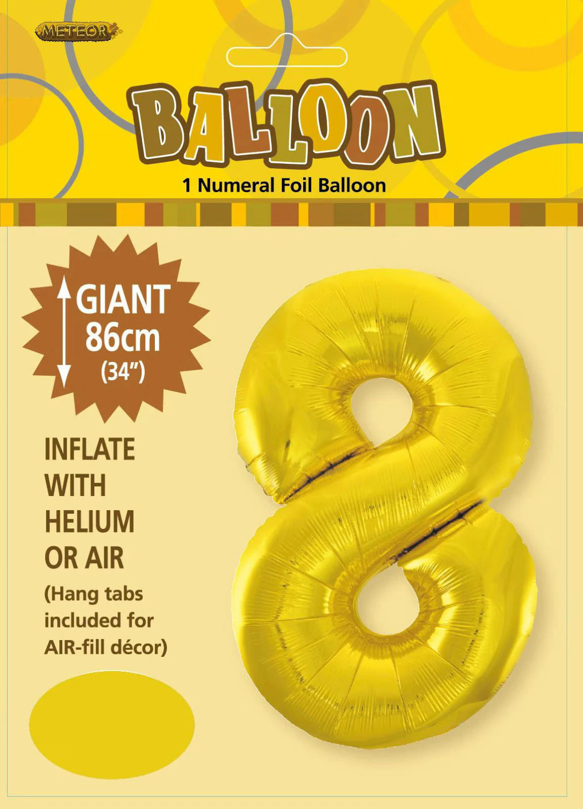 gold colour; number 8 shape; foil material; packaged with yellow header card; 86cm (34 inch) size indicated;
