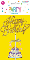 gold coloured script text; heart shape included; small gold bow attached; white stick base for insertion; packaged with colourful branding and yellow background;