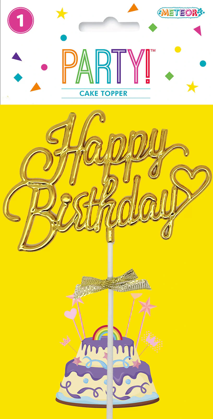 gold coloured script text; heart shape included; small gold bow attached; white stick base for insertion; packaged with colourful branding and yellow background;