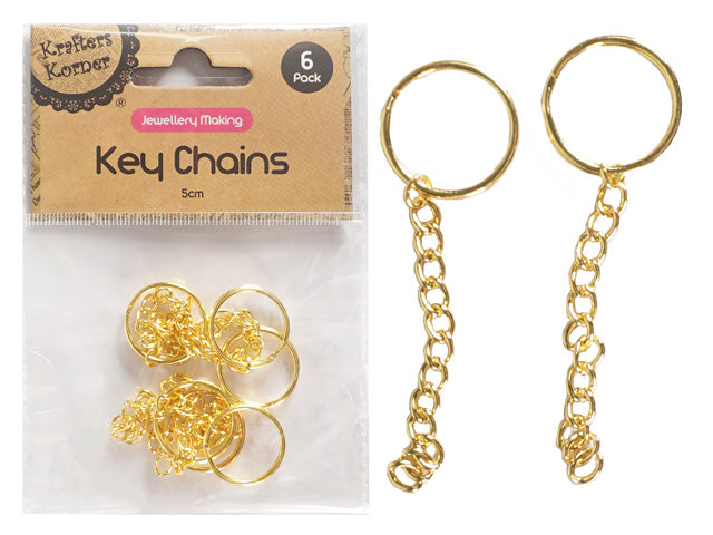 Gold-coloured metal key rings; Chain length approximately 5cm; Pack of six pieces in clear plastic packaging; Krafters Korner branding on header card;