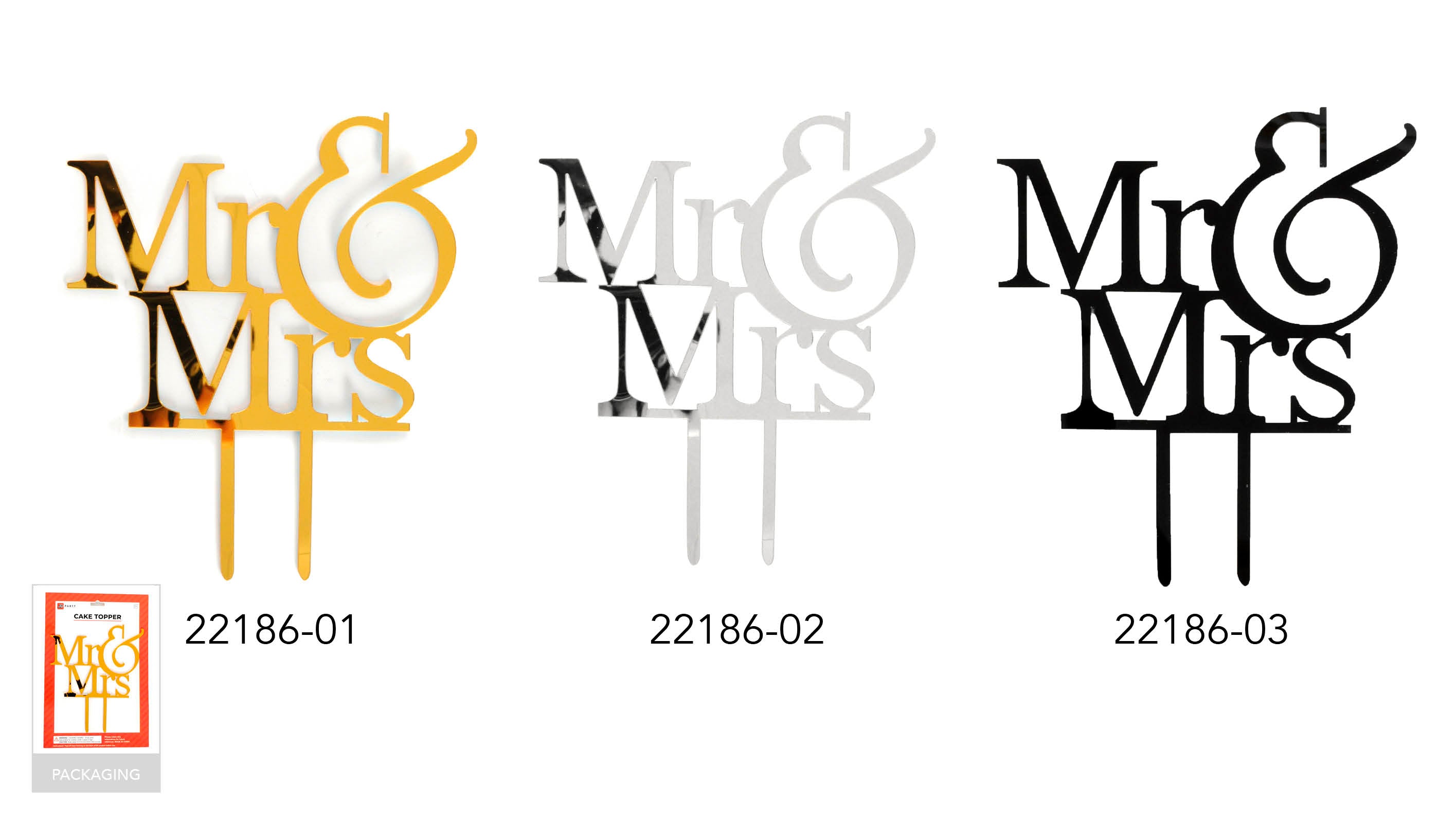 gold colour; large 'Mr & Mrs' text; two inserted prongs; reflective shiny finish;