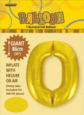 gold colour; foil material; number 0 shape; packaged display card; 86cm (34 inch) size noted on packaging;