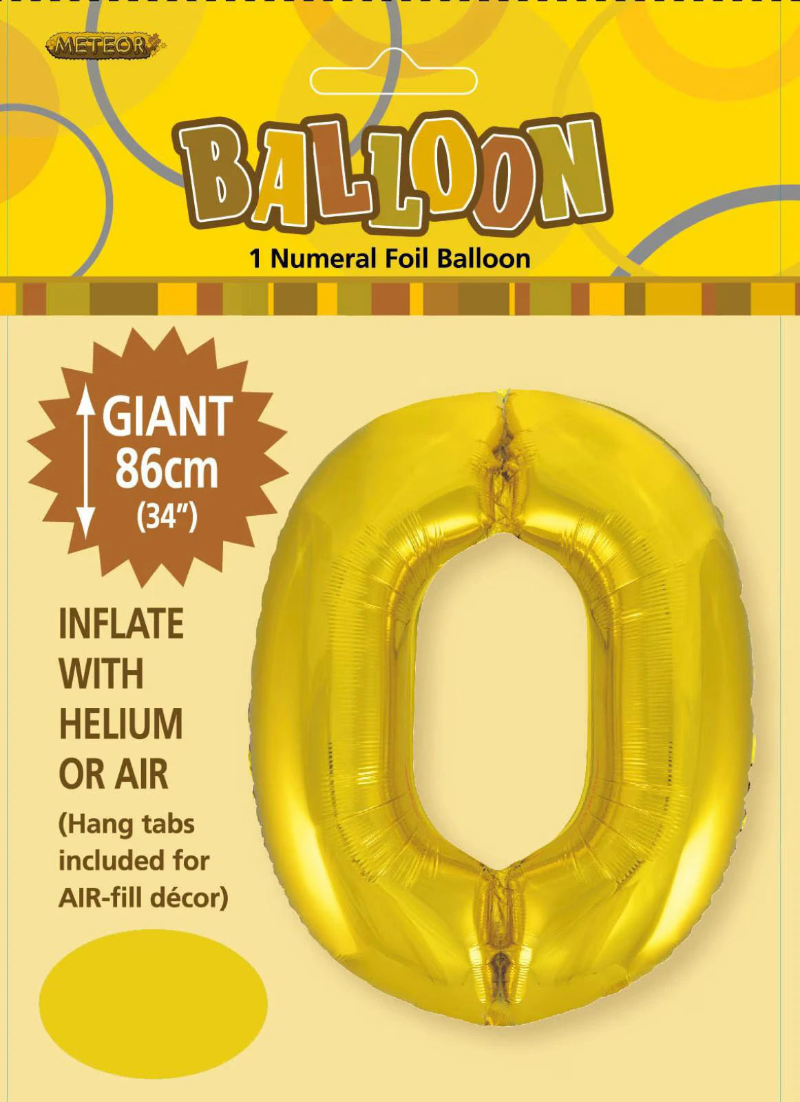 gold colour; foil material; number 0 shape; packaged display card; 86cm (34 inch) size noted on packaging;
