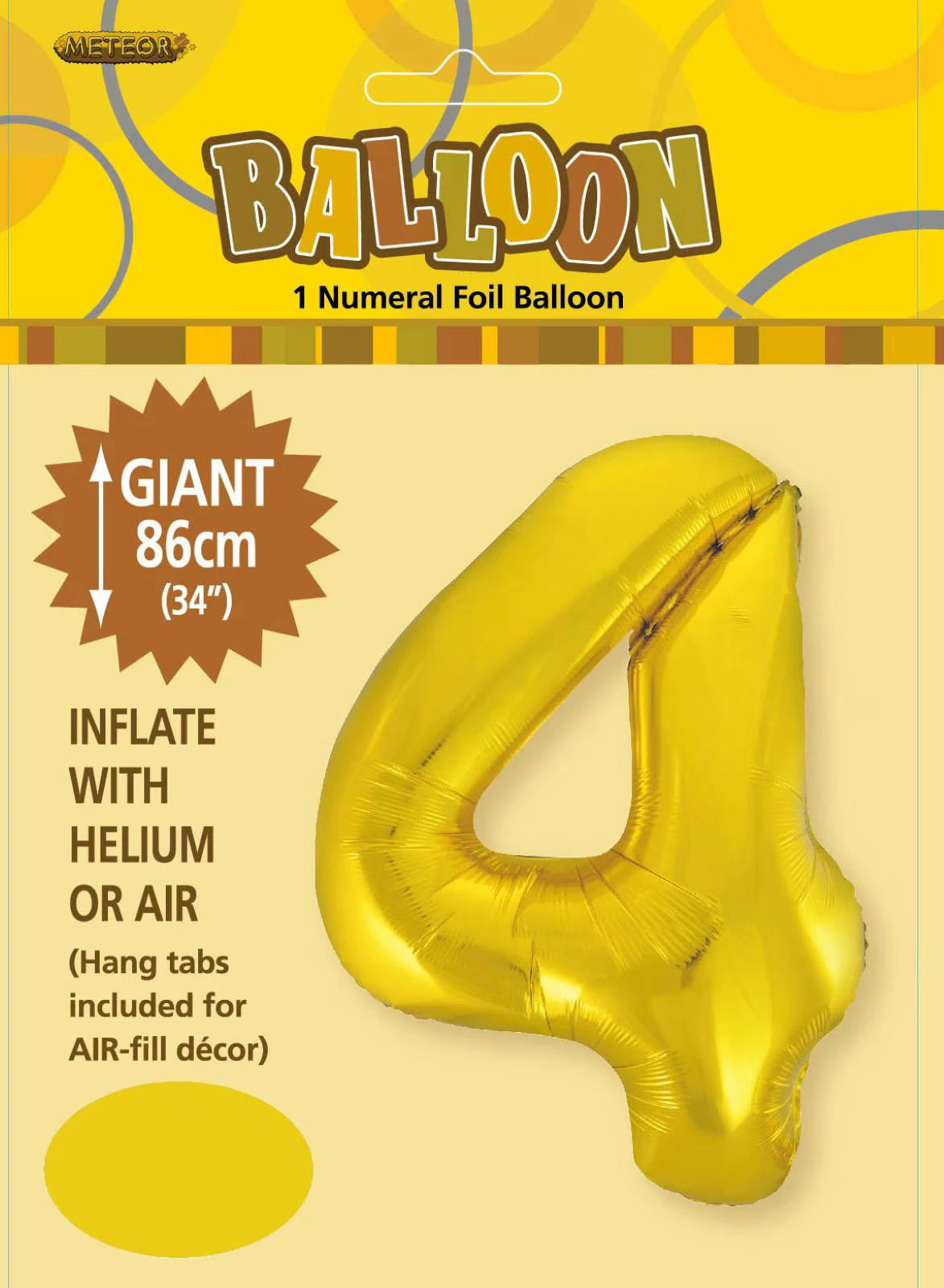 gold colour; foil material; numeral 4 shape; 86cm size; packaged with yellow and brown background;