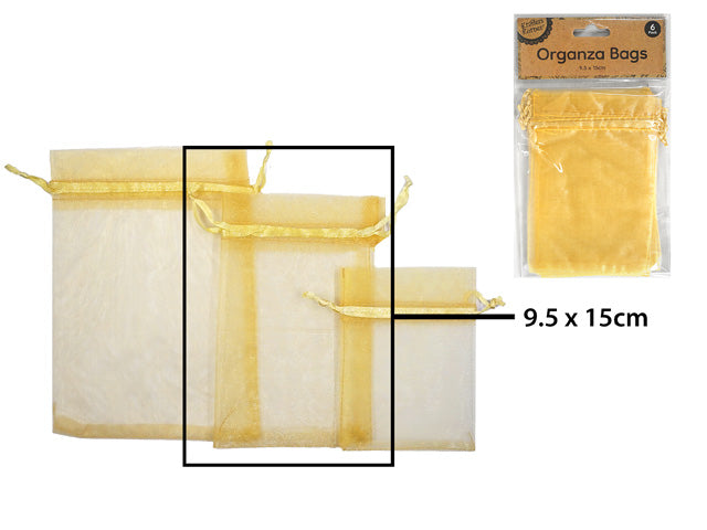 gold colour organza material; rectangular shape 9.5x15cm; drawstring tie closure; pack of 6 bags in blister pack;