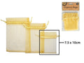gold colour; sheer organza material; drawstring closure; rectangular shape; pack of 6 bags in clear packaging;