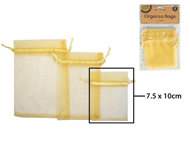 gold colour; sheer organza material; drawstring closure; rectangular shape; pack of 6 bags in clear packaging;