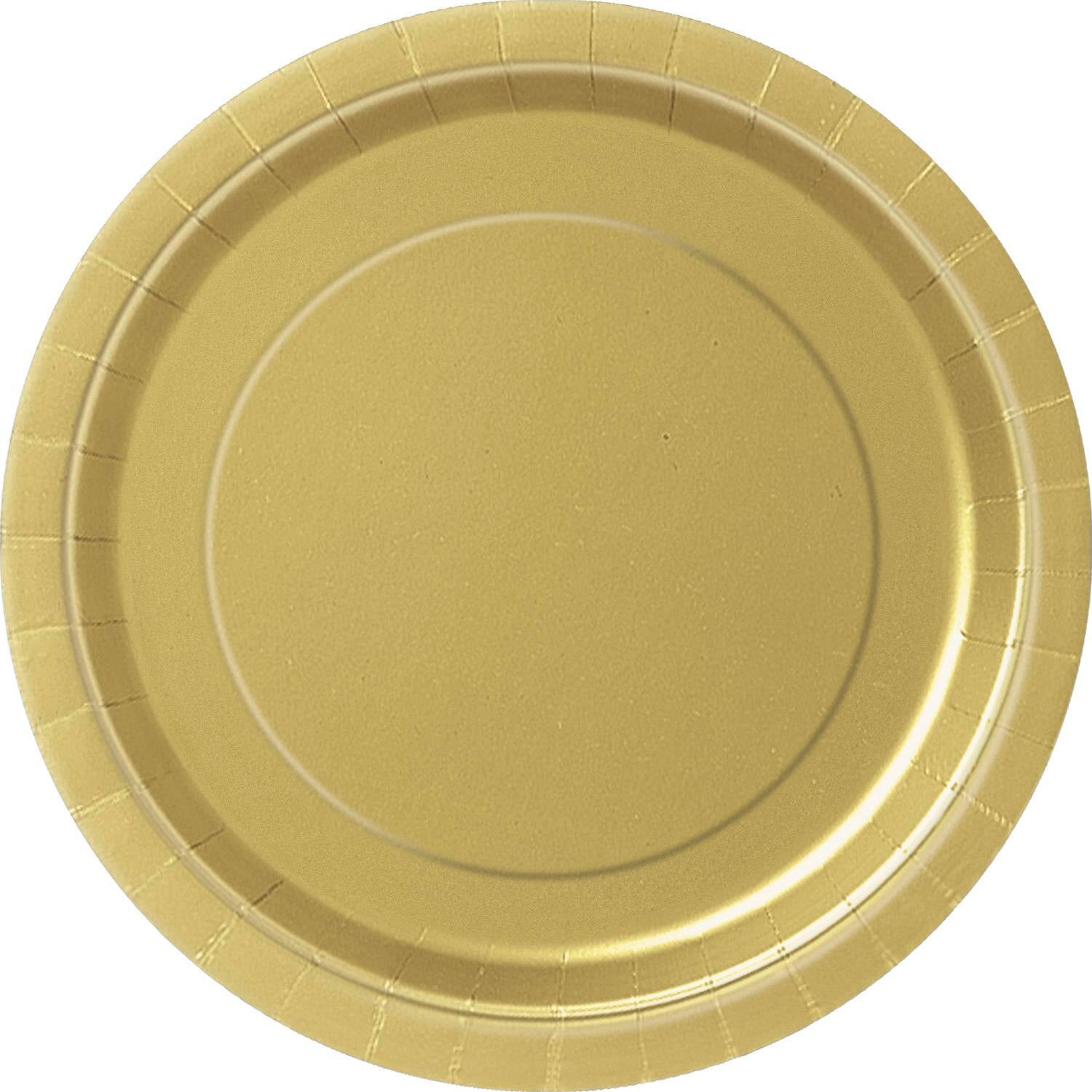 gold colour; round shape; paper material; 7 inch diameter; pack of 8 plates;