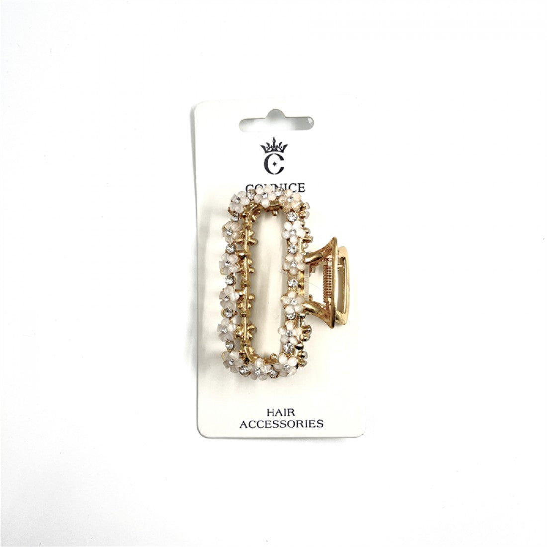 Gold-tone rectangular claw clip; Decorated with small white flower embellishments; Mounted on branded backing card; Spring hinge and interlocking teeth design;