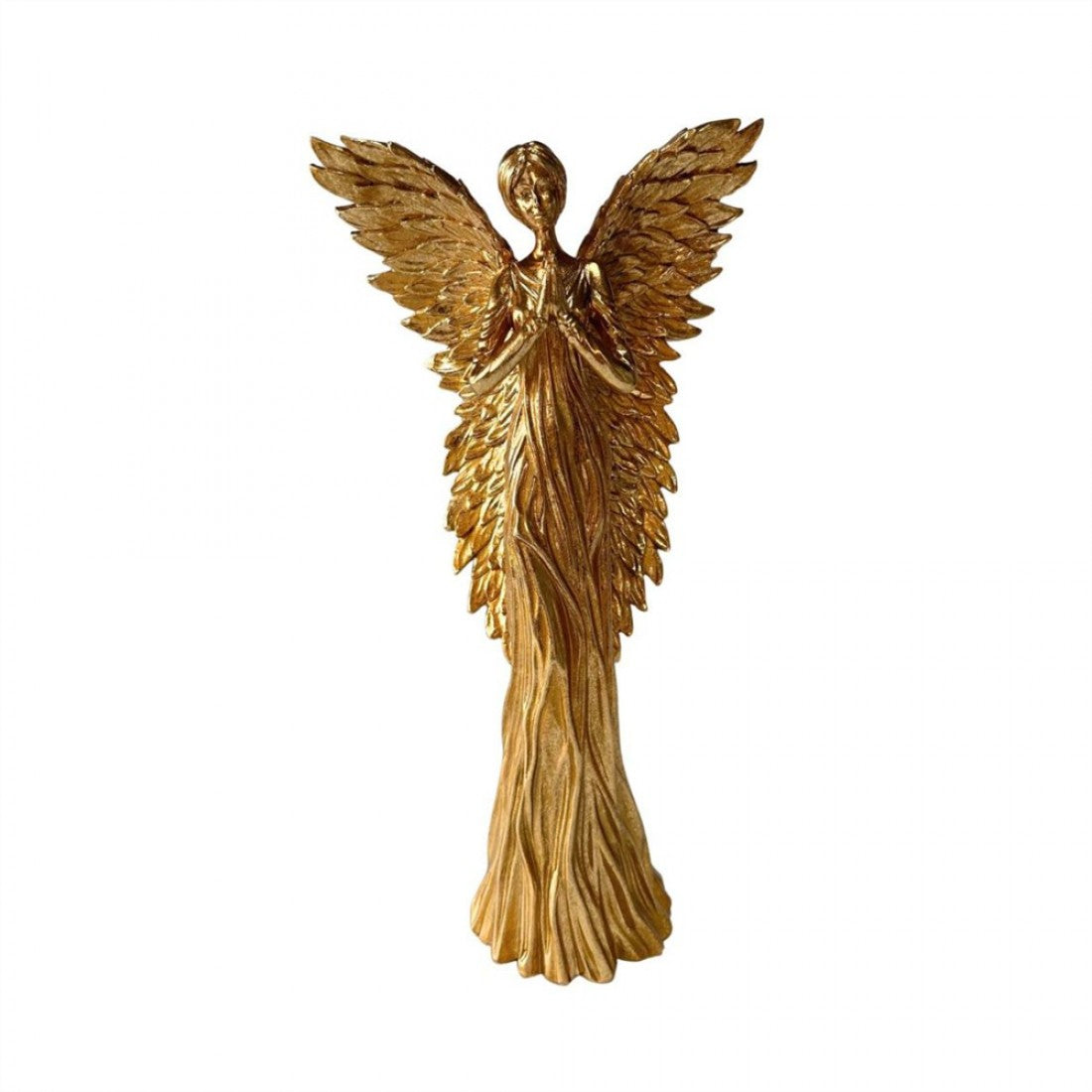 Gold-coloured angel figurine; Tall, narrow standing design; Detailed feathered wings; Flowing, textured robe; Hands held together at chest;