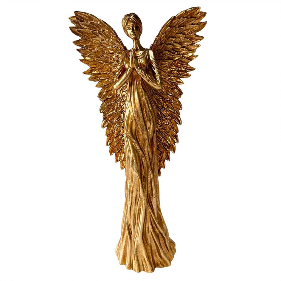 Gold-coloured angel figurine; Figure standing with hands together in front; Large, detailed feather-style wings; Long flowing robe-style base; Made from a smooth, metallic-look resin material;