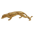 Gold-coloured leopard figurine; Low, elongated prowling pose; Textured spotted surface; Made from resin with metallic finish;