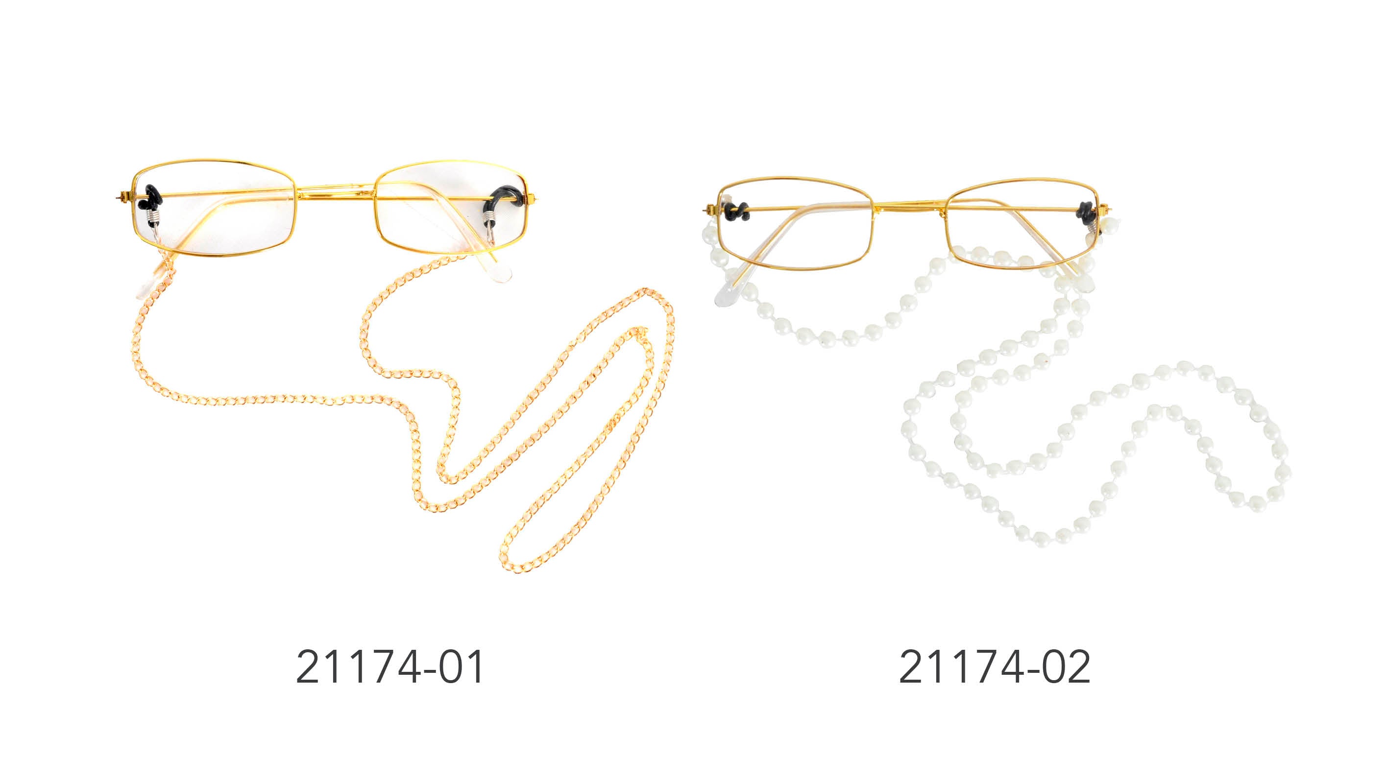 gold metal rectangular glasses frame; attached white pearl chain; chain connects to earpieces; lightweight frame design;