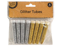 8 plastic tubes with white caps; 4 tubes contain gold glitter; 4 tubes contain silver glitter; packaged in clear plastic bag; kraft paper label with black text;