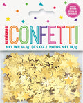 gold star-shaped confetti pieces; foil material with reflective surface; packaged in a clear plastic bag; label with colourful 'CONFETTI' text; multicoloured confetti shapes printed on label;