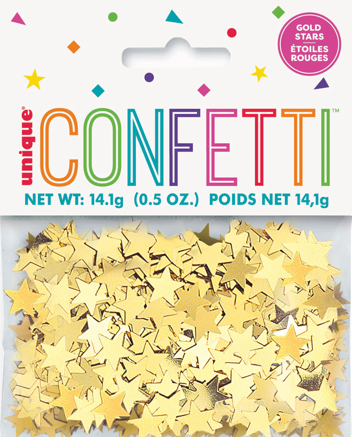 gold star-shaped confetti pieces; foil material with reflective surface; packaged in a clear plastic bag; label with colourful 'CONFETTI' text; multicoloured confetti shapes printed on label;