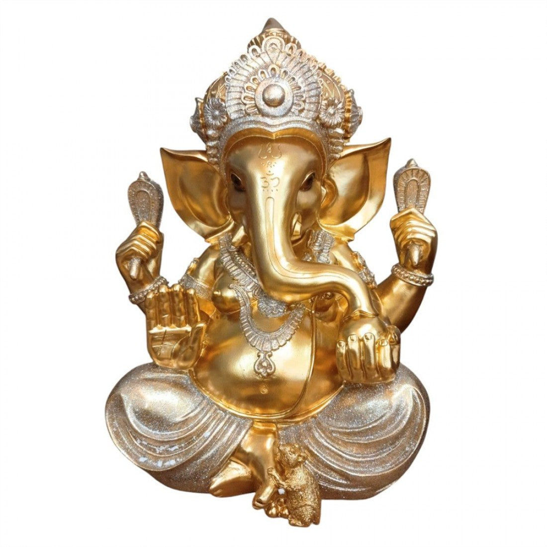 Gold-tone Ganesh statue in seated pose; Intricately detailed crown and jewellery; Shimmering silver-gold robes; Small mouse figure at the base; Matte and glossy metallic finishes;