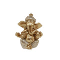 Golden Ganesh statue in a seated pose; Made from resin with metallic gold finish; Glitter detail on lower garment and base; Ornate crown and jewellery detailing;
