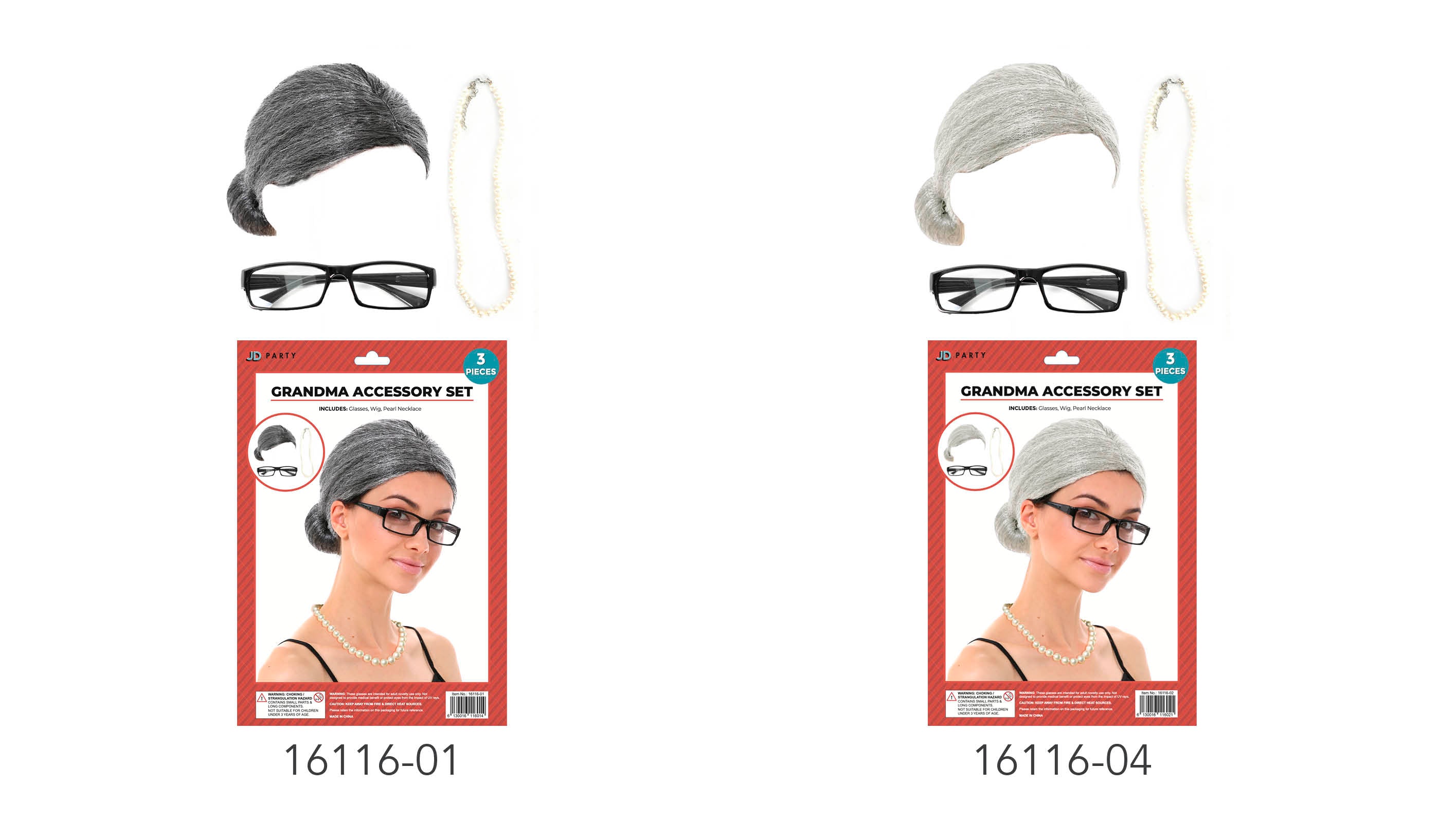 light grey wig styled in a bun; black glasses; pear pearl necklace; packaging with product photo; includes three pieces;
