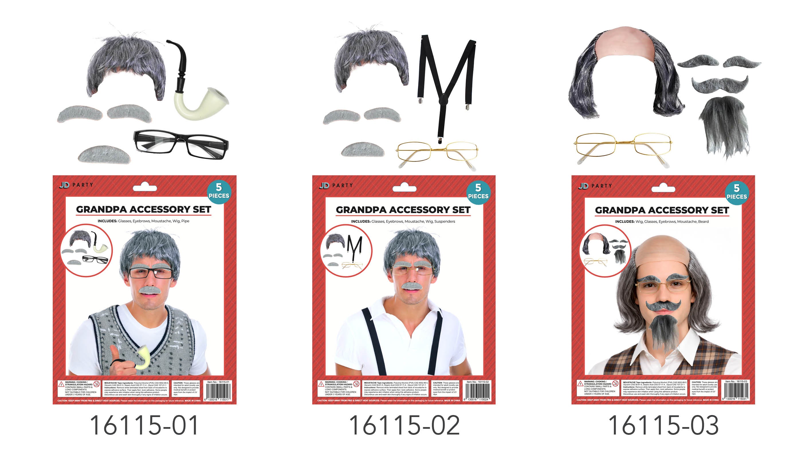 grey synthetic wig; grey moustache and eyebrows; plastic glasses; white smoking pipe; five piece accessory set;