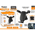 black plastic phone holder; gravity-driven arm brackets; built-in turning ball; packaging with white and orange branding; fits standard car air vents;