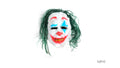 White clown face with red and blue makeup details; Tousled dark green hair attached around the mask; Red nose and red mouth with yellow teeth; Dark eye openings;
