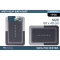 rectangular shape; grey colour; anti-slip backing; printed text 'BATHROOM'; packaged with label;