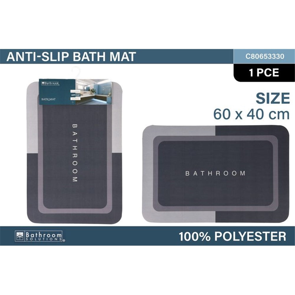 rectangular shape; grey colour; anti-slip backing; printed text 'BATHROOM'; packaged with label;