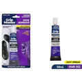 50ml tube packaging; blue, purple and black tube and packaging colours; white screw-on cap; text highlights easy spread, flexible bond, impact resistant; packaged with plastic backing showing shoe image;