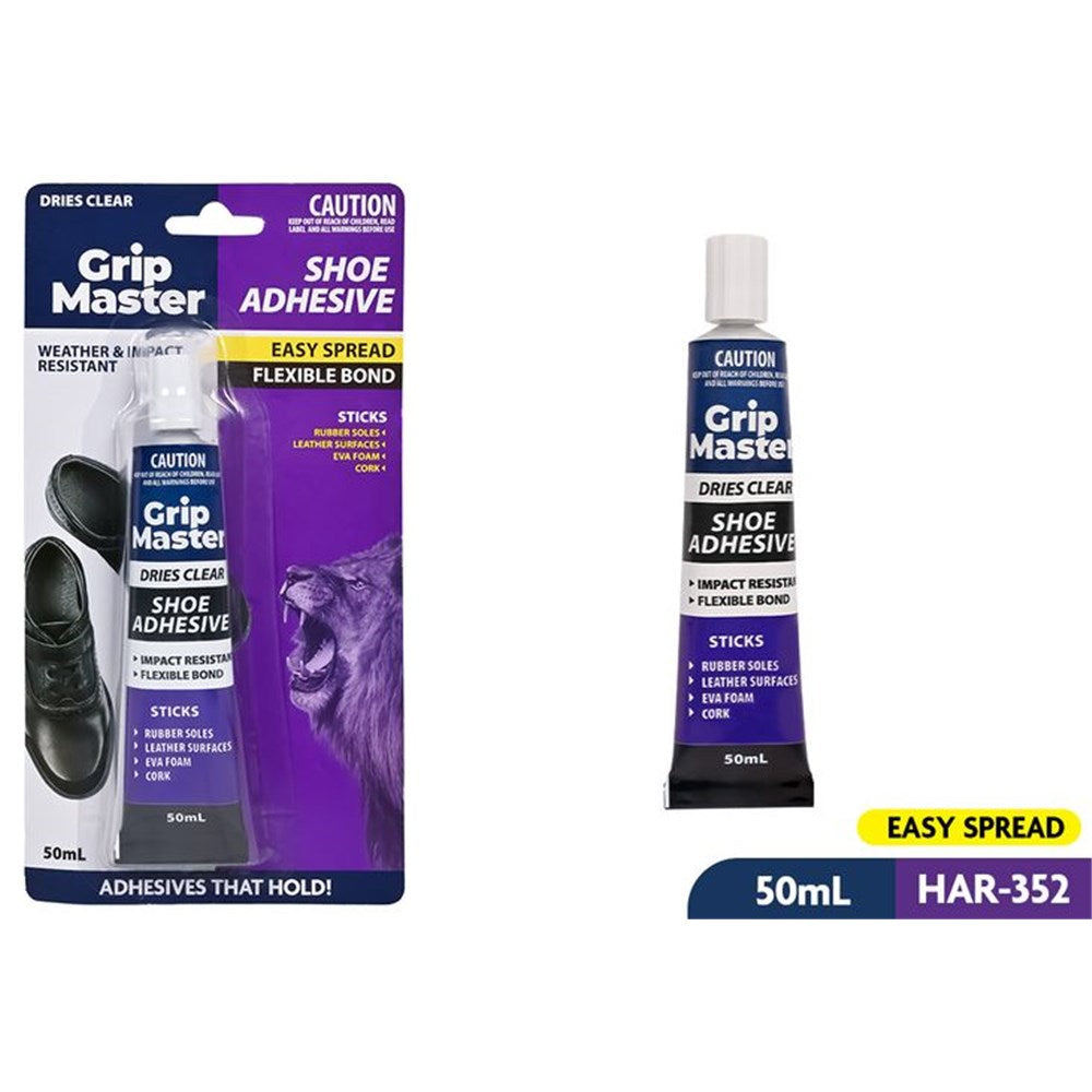 50ml tube packaging; blue, purple and black tube and packaging colours; white screw-on cap; text highlights easy spread, flexible bond, impact resistant; packaged with plastic backing showing shoe image;