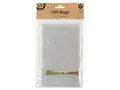 clear plastic material; rectangular gusseted shape; includes gold-coloured twist ties; pack of 20 bags in clear packaging; label with size and quantity details;