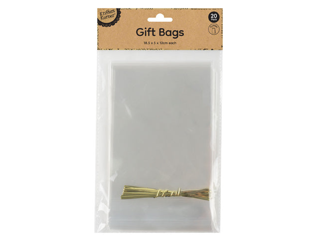 clear plastic material; rectangular gusseted shape; includes gold-coloured twist ties; pack of 20 bags in clear packaging; label with size and quantity details;