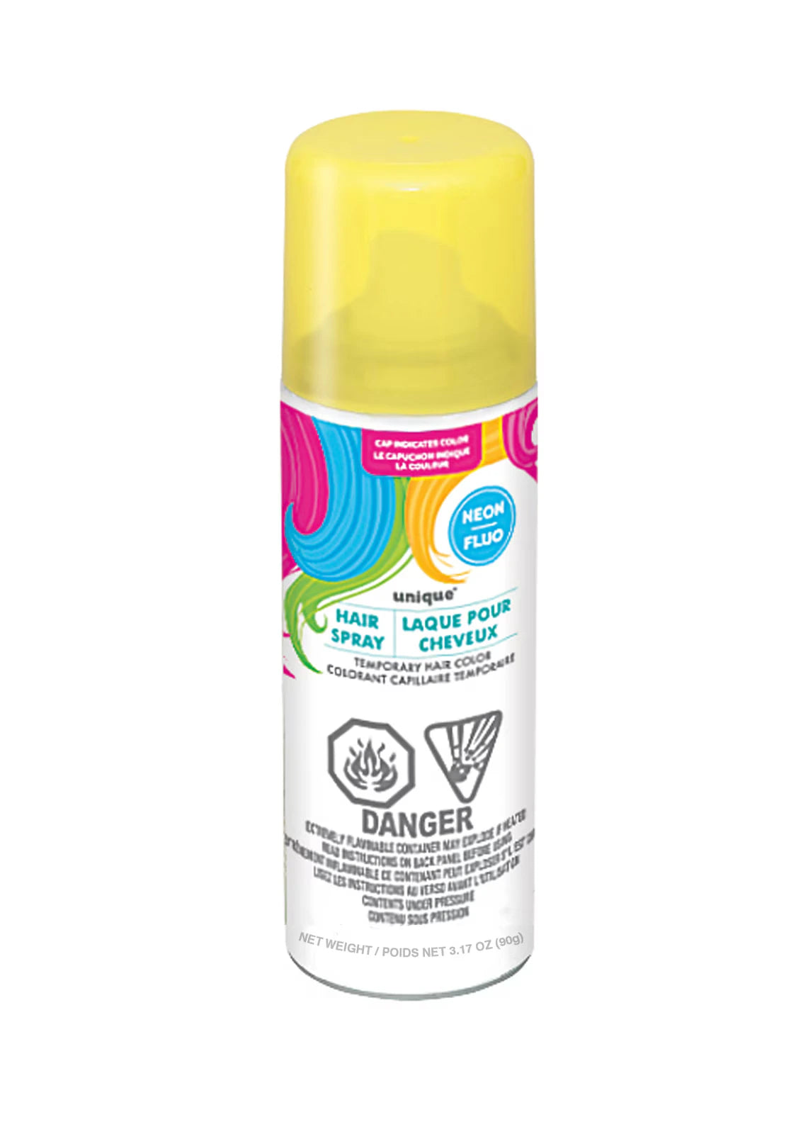neon yellow plastic cap; aerosol spray can; white can with colourful swirls; label with 'NEON FLUO' and hazard symbols;