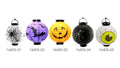 Round white lantern with a pleated surface; Large green eyeball graphic with orange accent lines; Black top and base with a hanging handle;