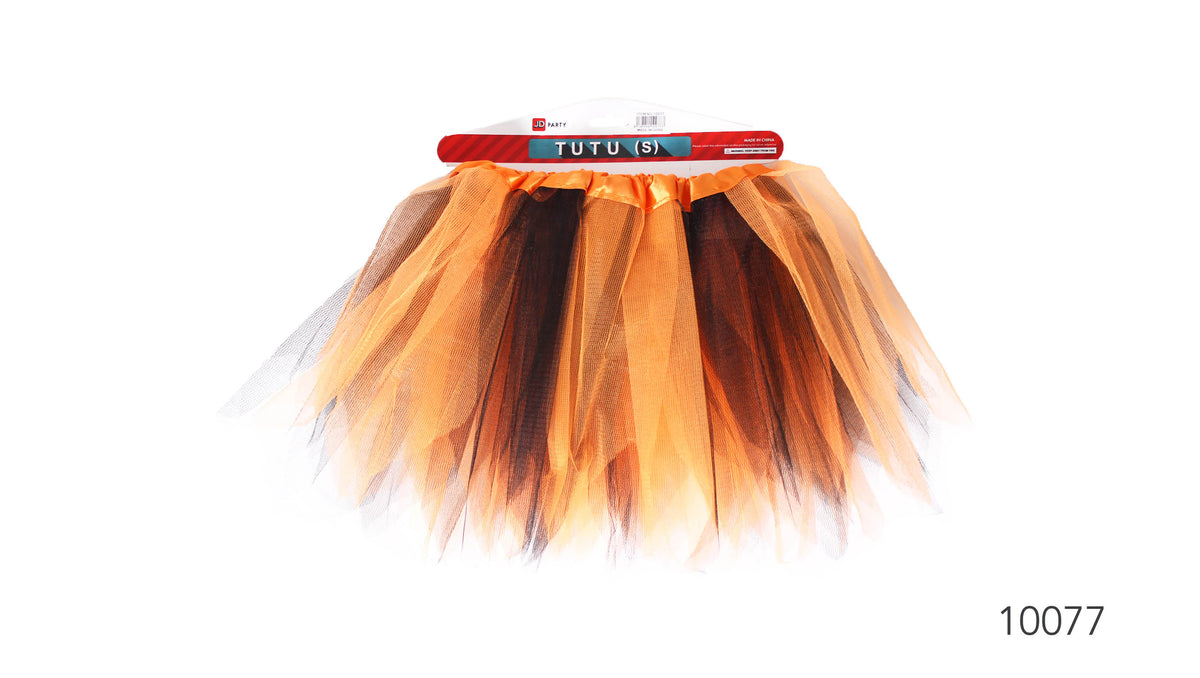 Orange and black layered tulle; Bright orange waistband; Flared tutu shape; Packaging labelled Tutu (S);