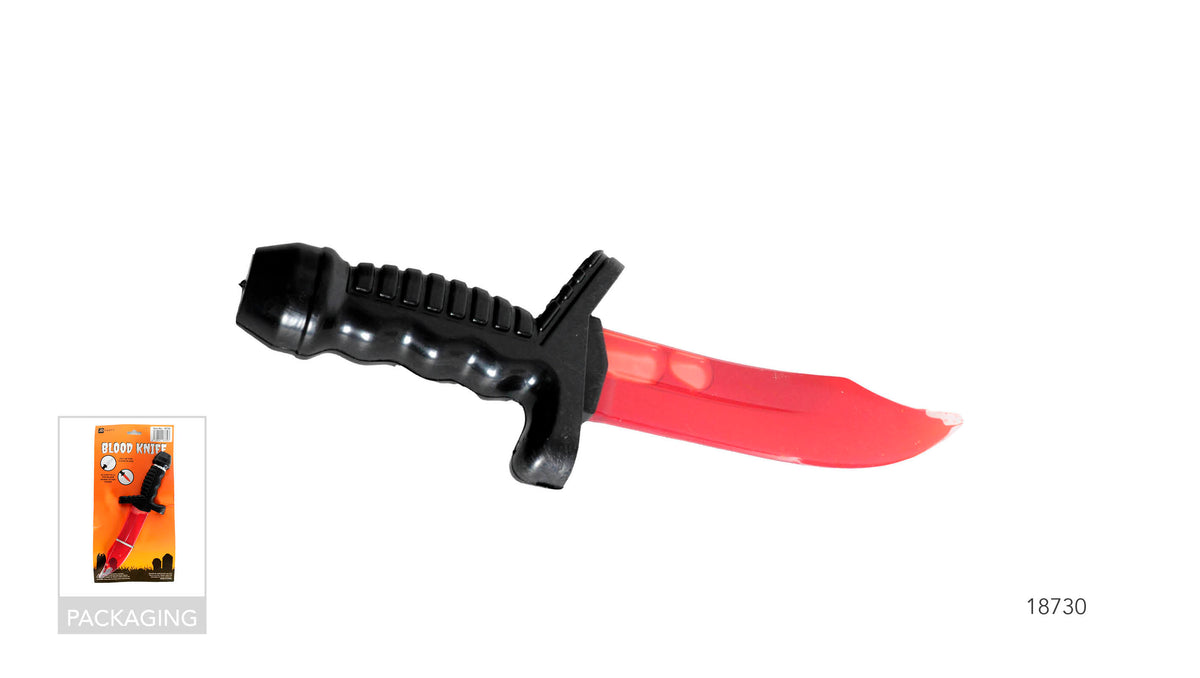 Bright red blade with pale blood-effect detail near the tip; Black handle with raised grip sections; Plastic knife-shaped prop; Orange retail backing card shown in the packaging inset;