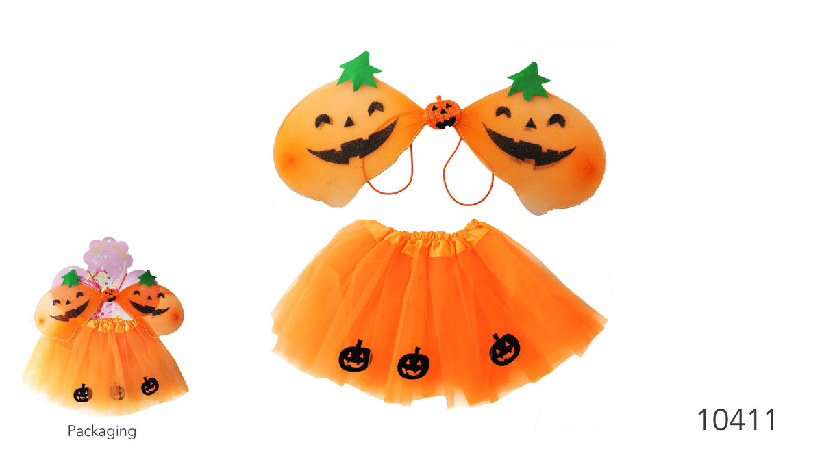 Bright orange tutu with black jack-o'-lantern motifs; Orange pumpkin-shaped wings with smiling black faces; Green leaf-shaped details on top of the wings; Elastic loops visible on the wings;