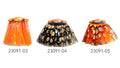 Tutu-style skirt with a gathered waistband; Layered, net-like fabric; Halloween motifs including pumpkins and stars; Black and orange designs with gold-tone foil-style details;
