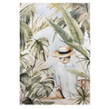 canvas with visible wood frame; hand-painted foliage and figure artwork; neutral beige and green colour palette; canvas stretched over 3cm thick frame;