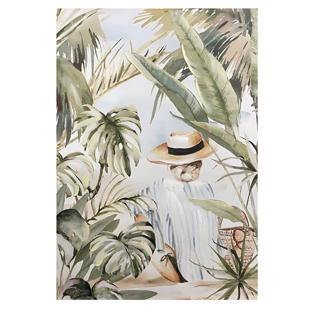canvas with visible wood frame; hand-painted foliage and figure artwork; neutral beige and green colour palette; canvas stretched over 3cm thick frame;